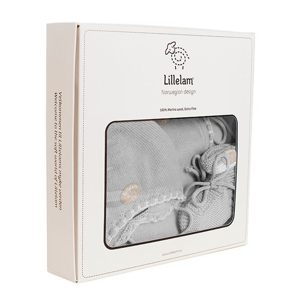 Lillelam Norwegian Design baby booties in a light gray knit set, shown inside its white cardboard packaging box with a clear window.