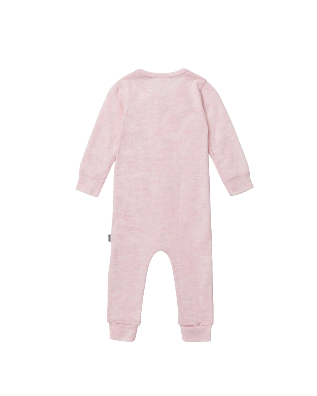 A light pink long-sleeve baby jumpsuit shown from the back, laid flat on a light gray background.