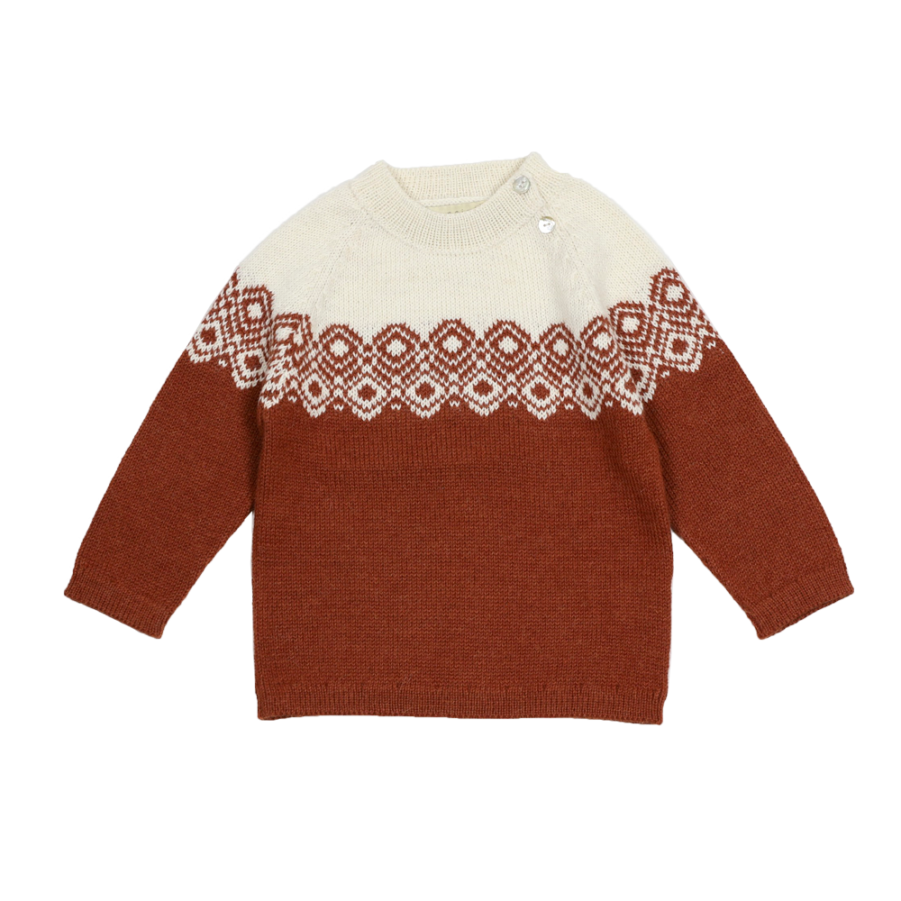 Esencia Aki Sweater - 100% Alpaca Fiber Ivory/Brick Red| Little Mino