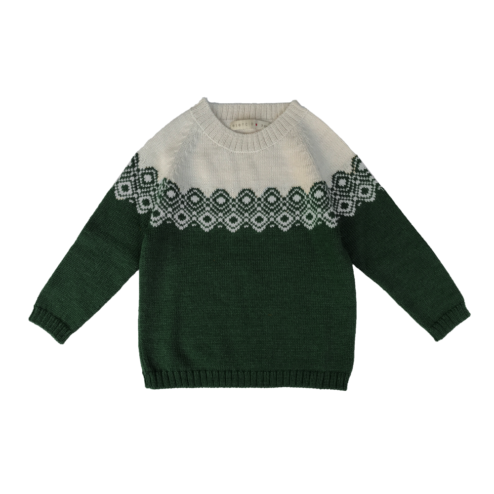 Esencia Aki Sweater - 100% Alpaca Fiber Ivory/Dark Green | Little Mino