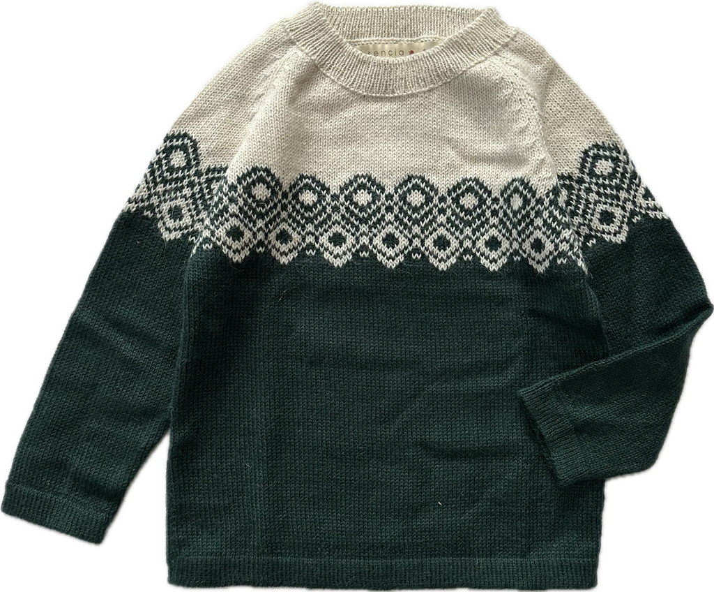Esencia Aki Sweater - 100% Alpaca Fiber Ivory/Dark Green | Little Mino