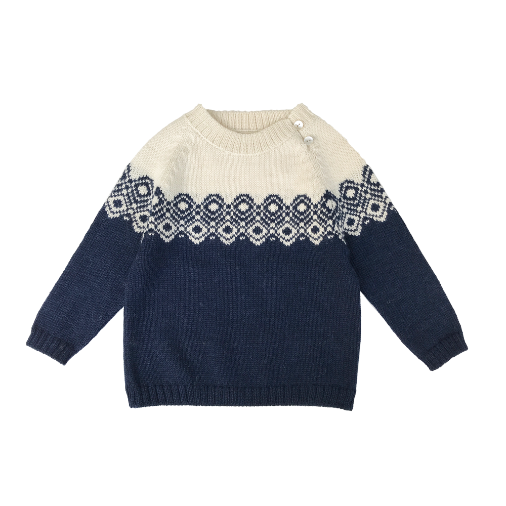 Esencia Aki Sweater - 100% Alpaca Fiber Ivory/Blue Navy | Little Mino