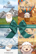 Four children's book donation covers arranged in a 2x2 grid with a large teal ribbon bow across the center. The covers show cartoon sheep and scenic backgrounds, including mountains, a hot air balloon, snowy mountains, and a birthday scene.