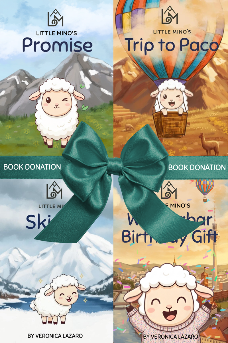 Four children's book donation covers arranged in a 2x2 grid with a large teal ribbon bow across the center. The covers show cartoon sheep and scenic backgrounds, including mountains, a hot air balloon, snowy mountains, and a birthday scene.