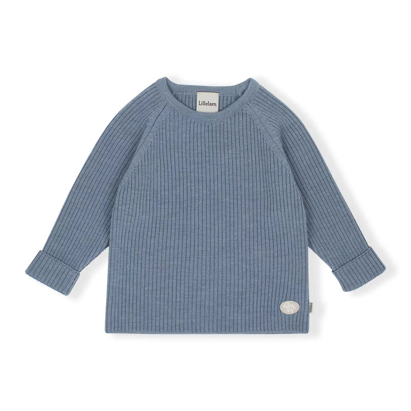 Lillelam 100% Merino Ribbed Jumper - Blue | Little Mino