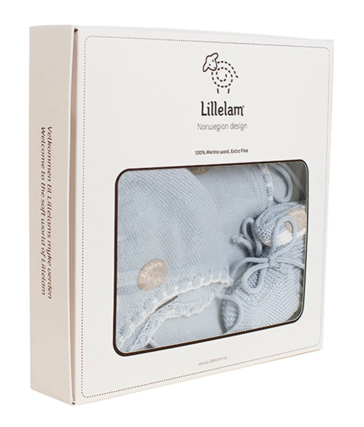 Lillelam baby gift set in a white box with a clear window showing a light blue knit outfit and matching accessories.