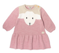 A pink long-sleeve baby knit dress with a sheep face motif on the front, featuring a cream yoke, yellow shoulder buttons, and a pleated hem, lillelam, wool, lammi dress
