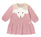 A pink long-sleeve baby knit dress with a sheep face motif on the front, featuring a cream yoke, yellow shoulder buttons, and a pleated hem, lillelam, wool, lammi dress