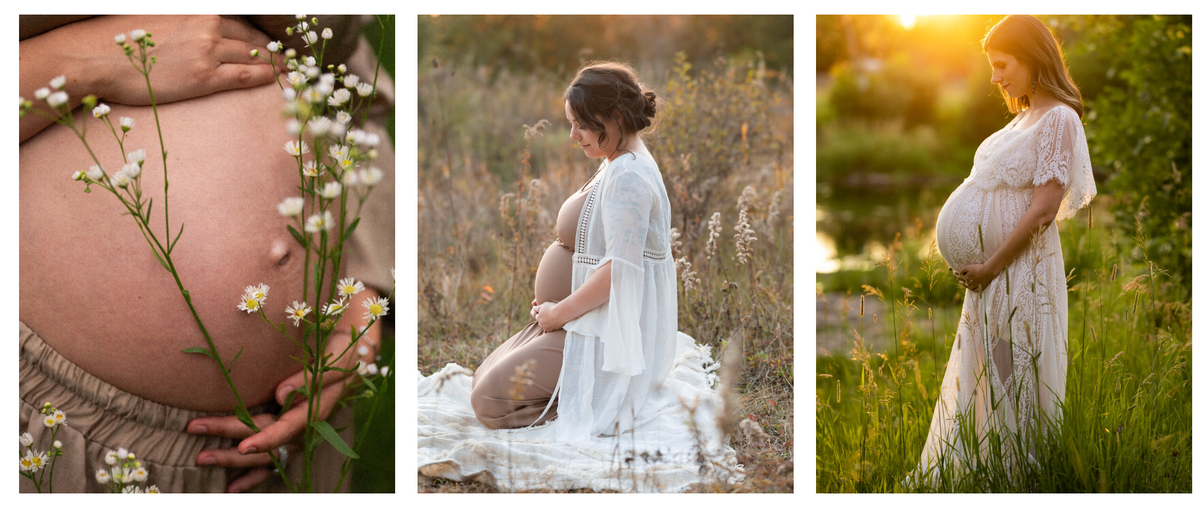 A three-panel maternity photography collage showing a pregnant woman in outdoor settings. The left panel is a close-up of her bare belly with white wildflowers.